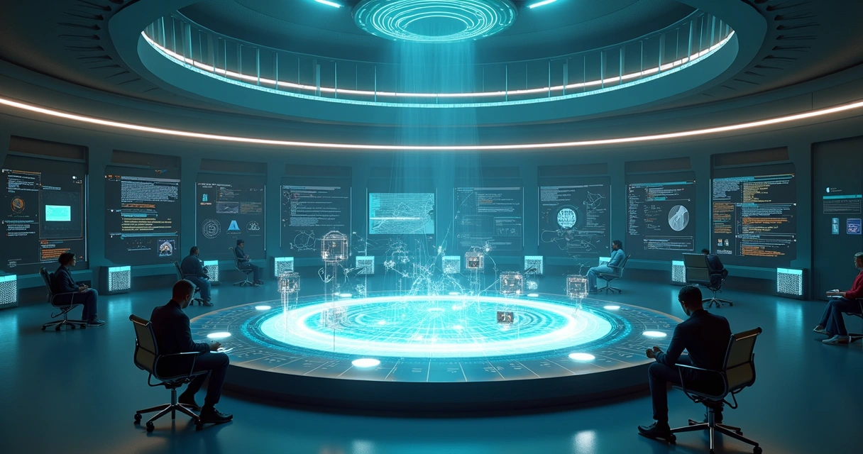Arena circular com humanos e painéis de código cercados por anéis luminosos de IA 