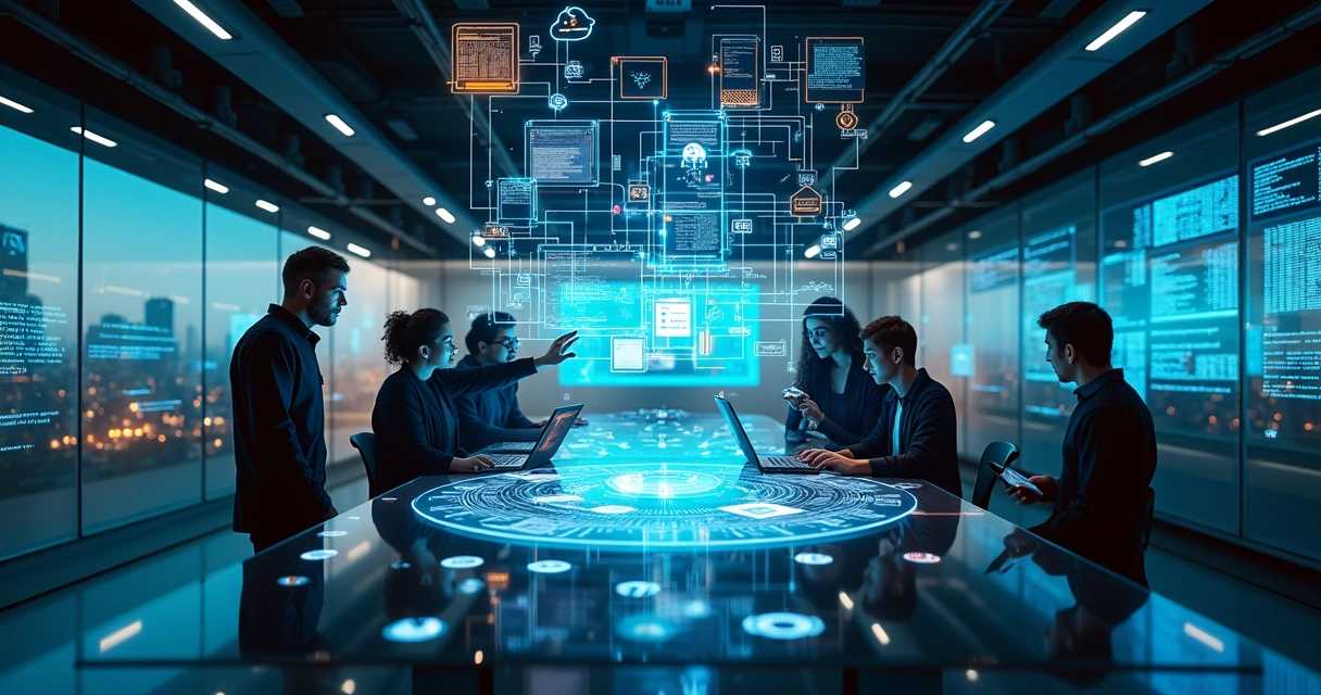 Equipe de tecnologia em laboratório moderno orquestrando software com painel holográfico de IA 