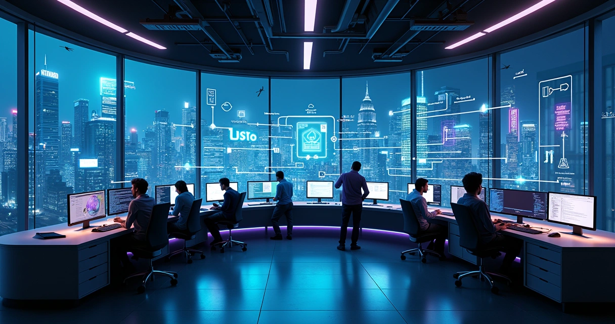 Sala de laboratório futurista com programação assistida por IA em várias telas 