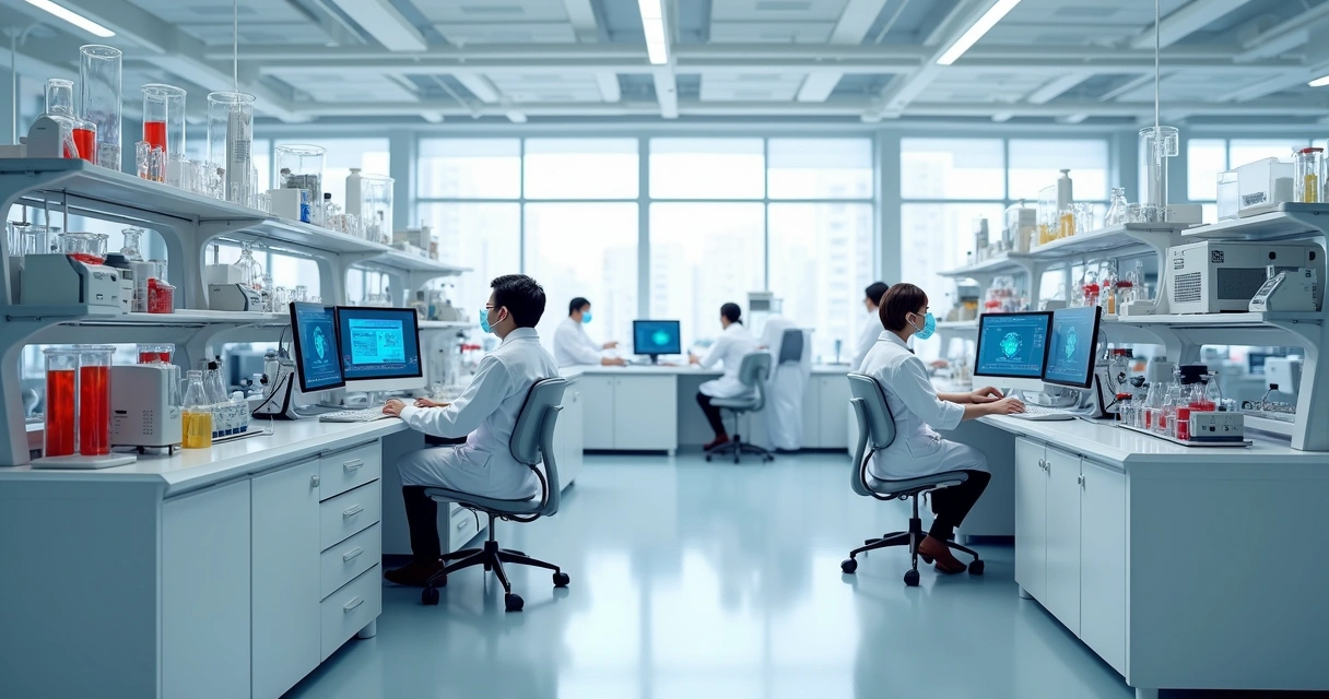 Laboratório moderno com máquinas analisando amostras de sangue 