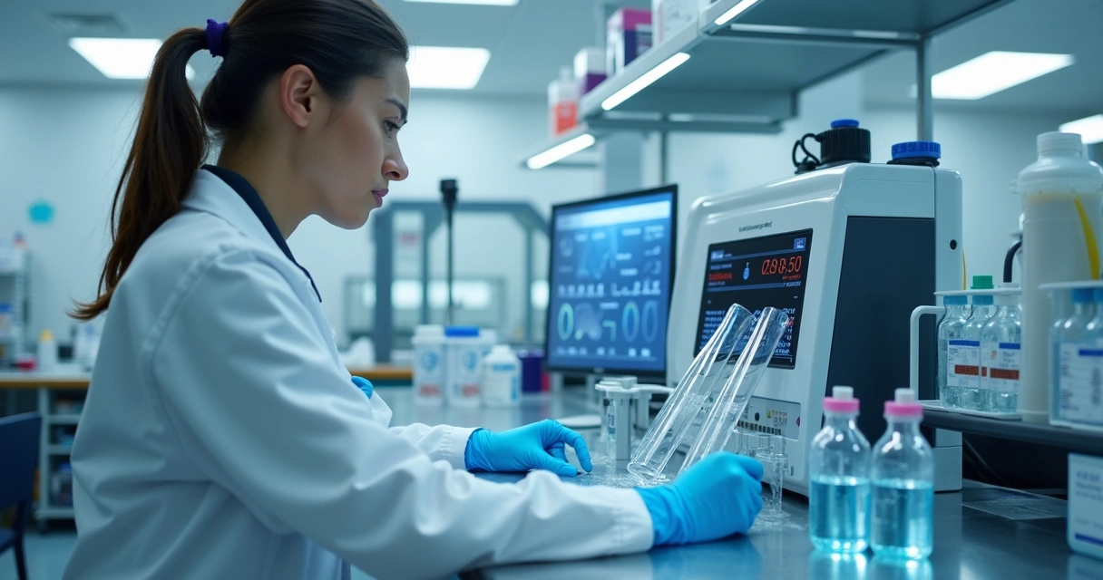 Laboratório moderno analisando amostras de água em cromatógrafo 