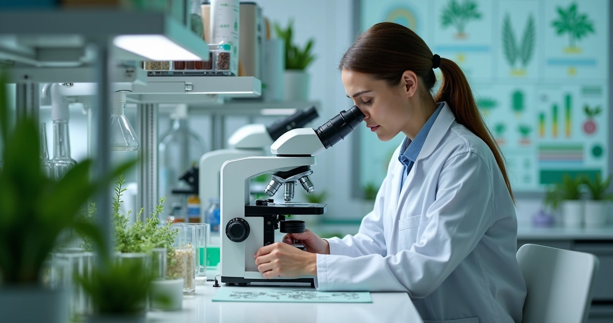 Cientista analisando amostras vegetais em laboratório, gráficos ao fundo 