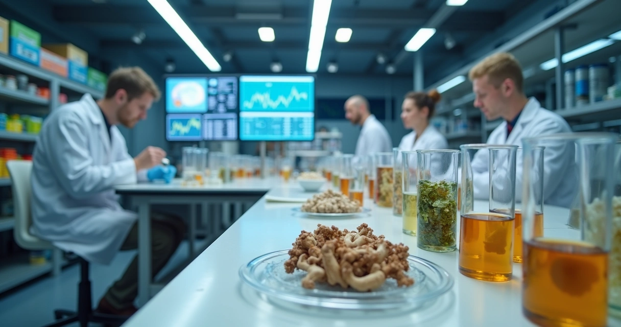 Laboratório analisando nutrientes e compostos de cogumelos 
