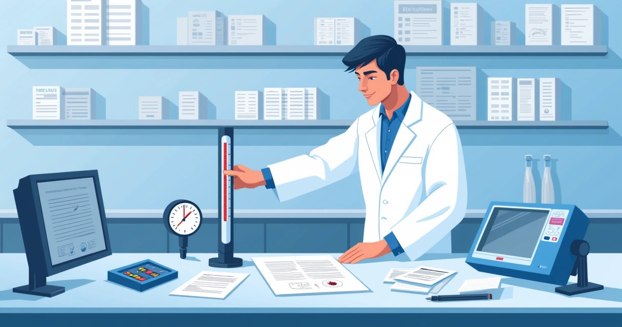 Laboratory scene with a technician calibrating a thermometer, showcasing instruments and documentation.