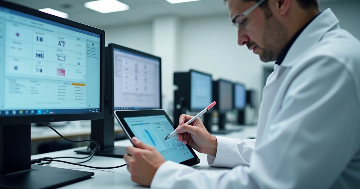 Técnico ajustando sensor em bancada de calibração 