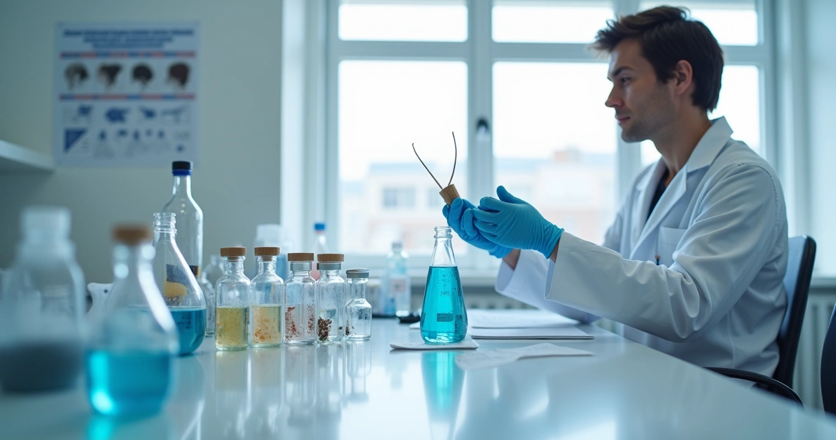 Pesquisa de laboratório mostrando desenvolvimento de produto capilar