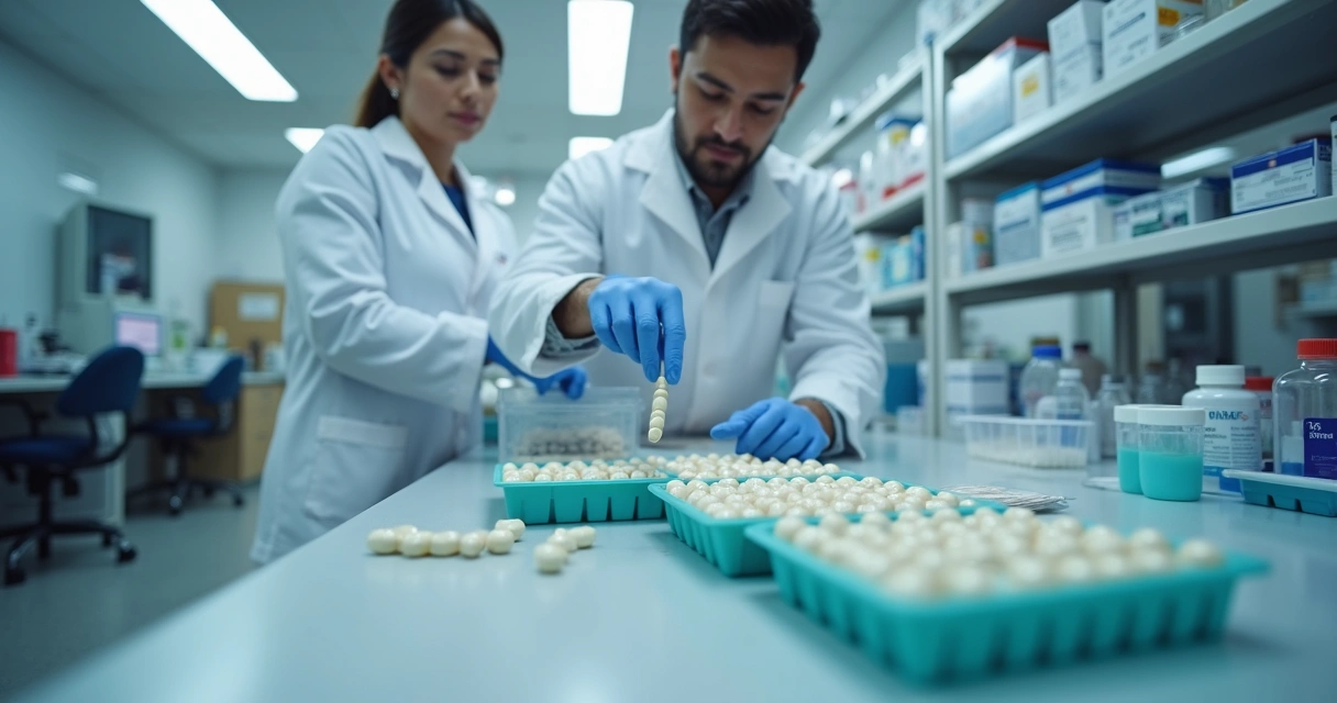 Farmacêutico manipulando cápsulas em laboratório