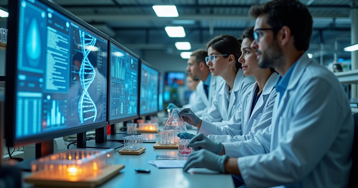 Cientistas no laboratório observando análises genéticas em telas e tubos de ensaio 