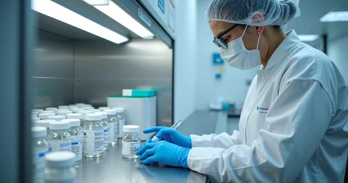 Farmacêutica preparando formulação estéril em laboratório
