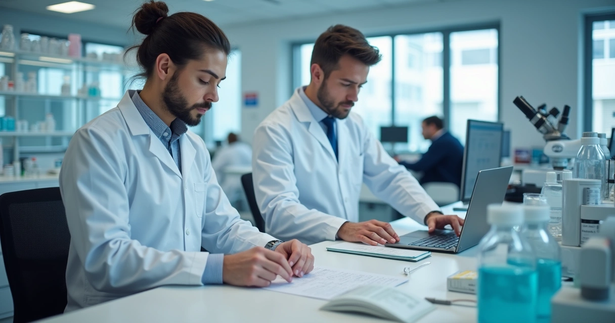 Laboratório moderno com farmacêuticos verificando fórmulas 