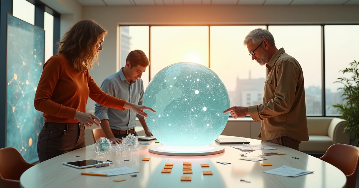 Personas conectando ideas y tecnología en un laboratorio creativo luminoso 