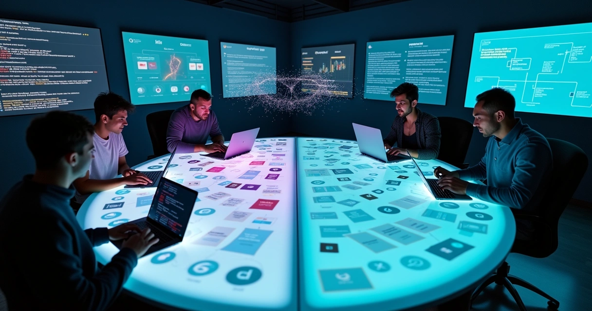 Mesa em forma de círculo com pessoas colaborando em projeto de software com inteligência artificial 