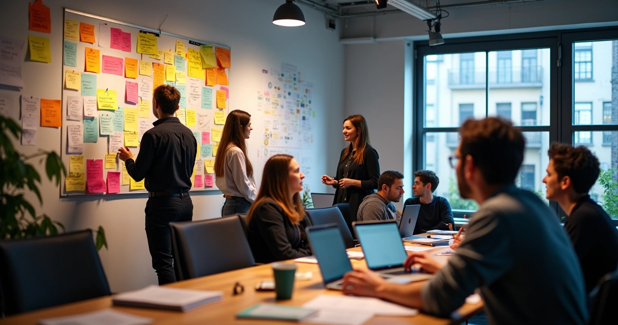 Equipe em ambiente criativo experimentando ideias de storytelling 