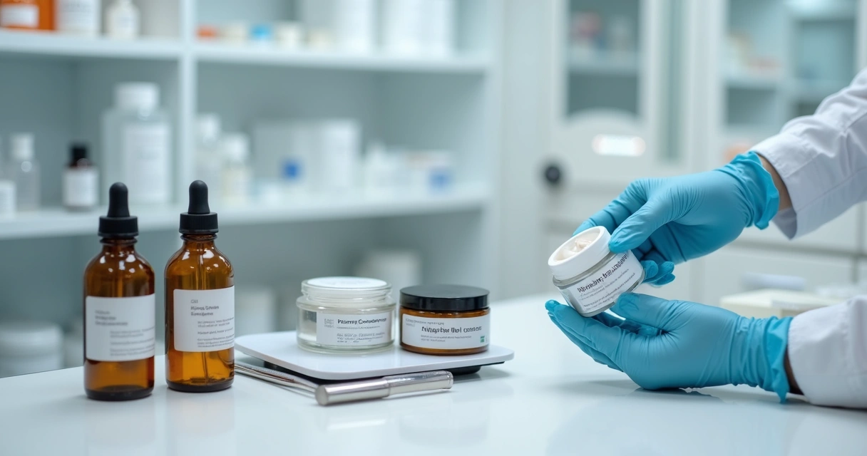 Bancada de laboratório com frascos dermatológicos