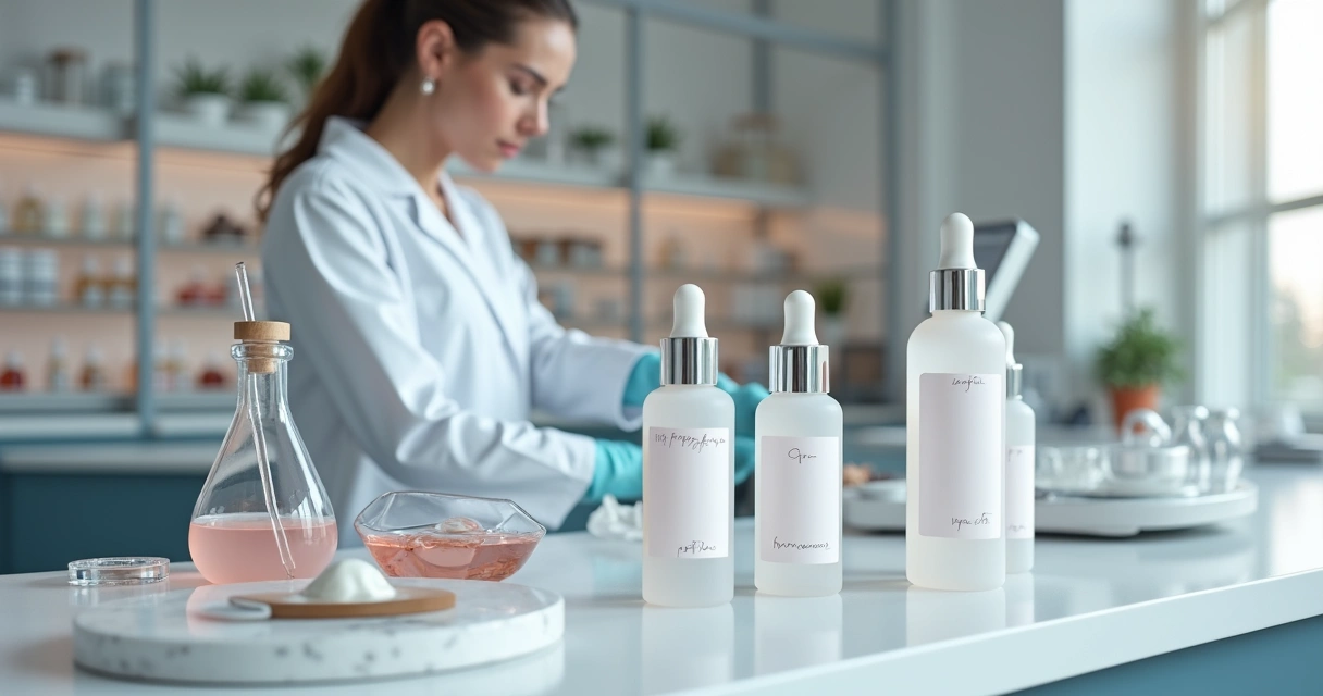 Bancada de laboratório com dermocosméticos manipulados em frascos minimalistas 