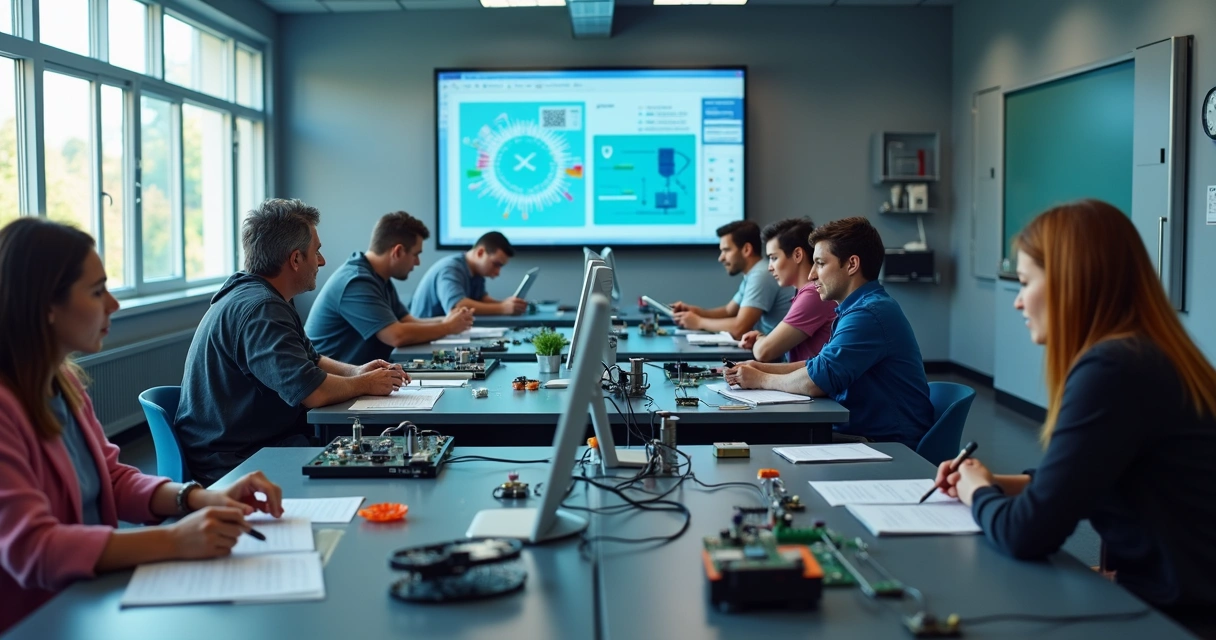 Sala de laboratório técnico com bancadas físicas integradas a monitores exibindo plataforma EAD 