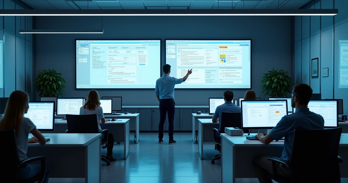 Sala moderna com computadores conectados em rede