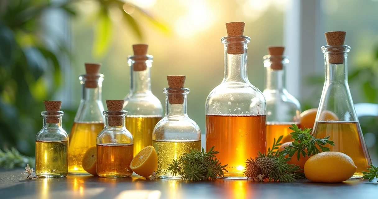 Frascos coloridos com extratos vegetais em bancada de laboratório 