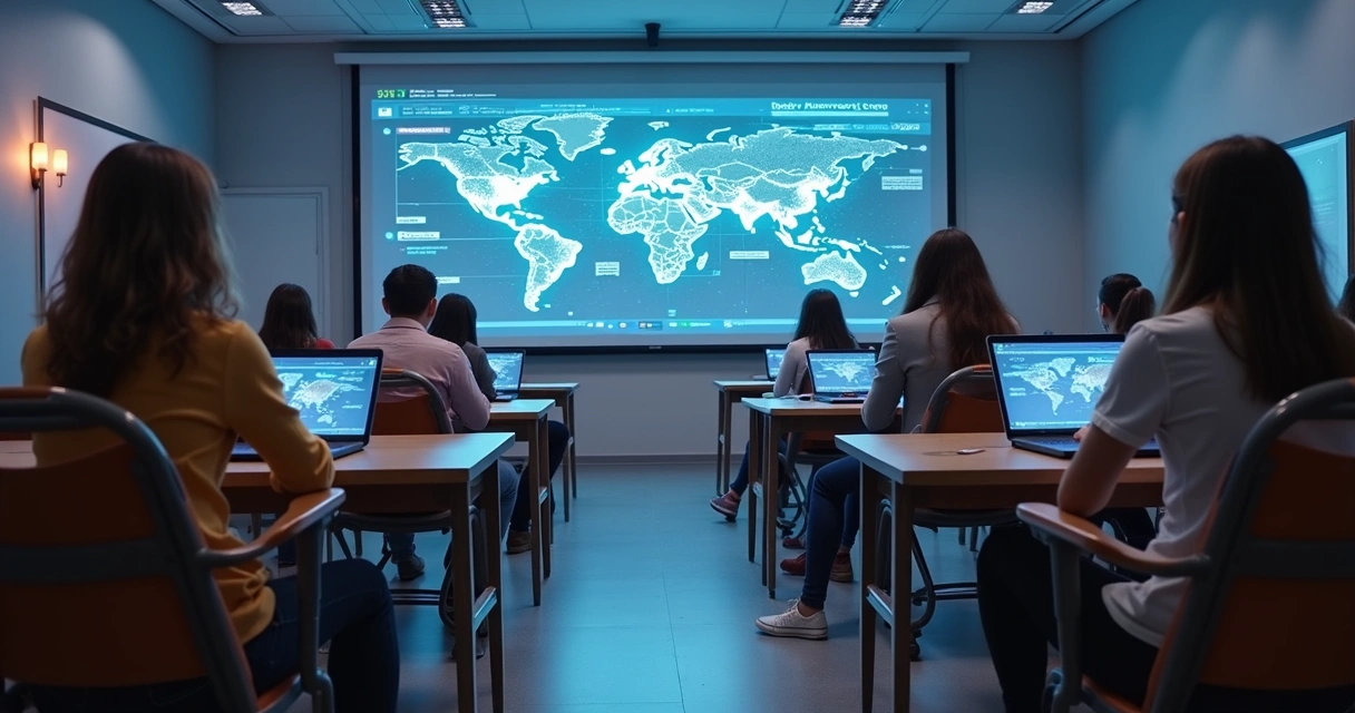 Sala de aula moderna com estudantes usando tablets e laptops em ambiente digital interativo 