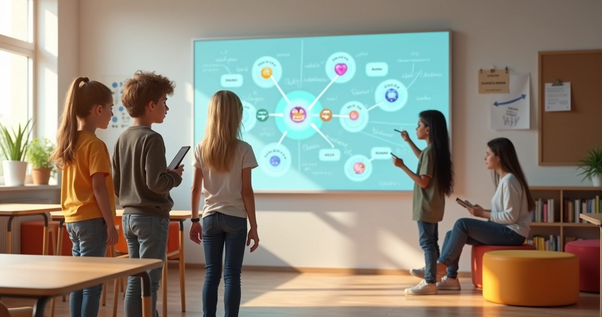 Três estudantes em sala inovadora observando painel colorido de emoções 