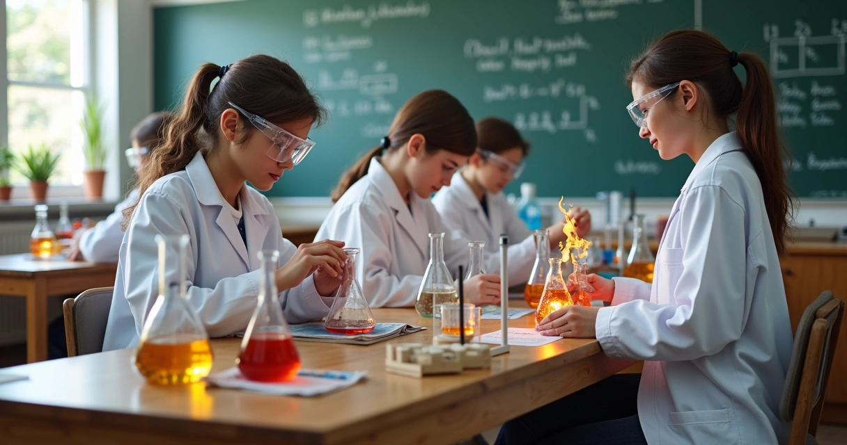 Estudantes em laboratório escolar com tubos e materiais de química 