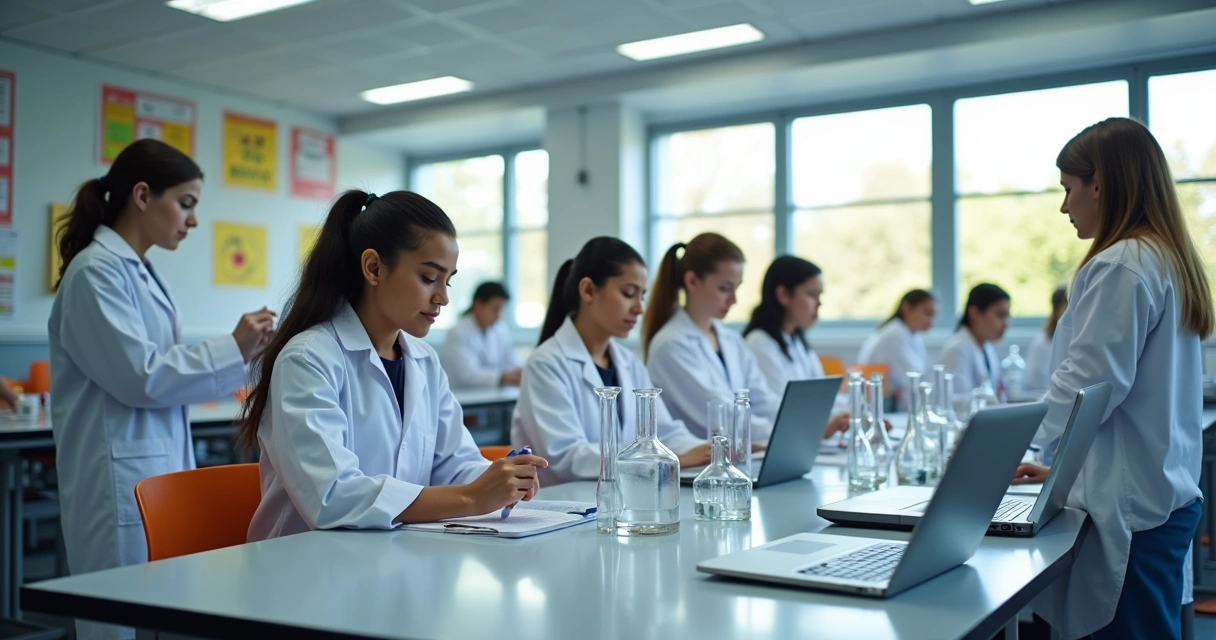Laboratório moderno de escola com estudantes realizando experimentos