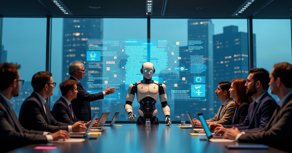 Robô humanoide e líder em sala de reunião com projeção de códigos 