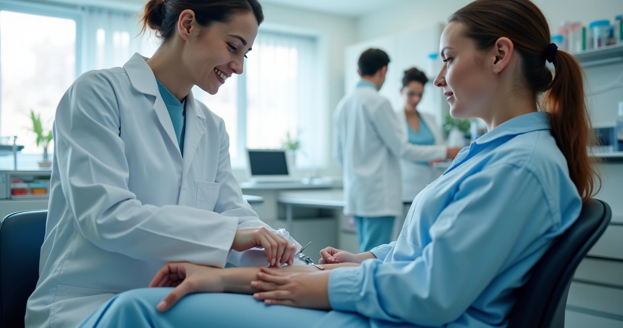 Profissional coletando sangue em laboratório moderno. 