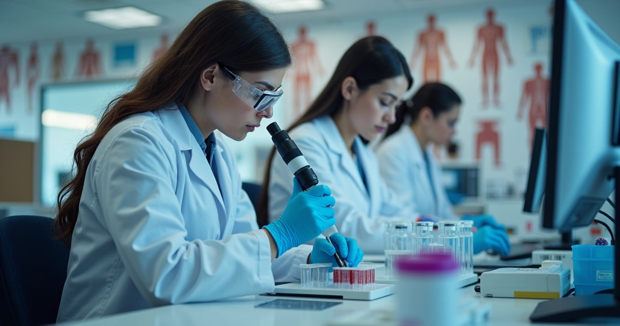 Exames laboratoriais sendo analisados em laboratório moderno nos EUA 