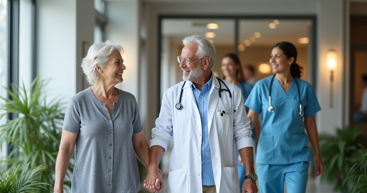 Idosos sorrindo após coleta de exames laboratoriais em clínica 