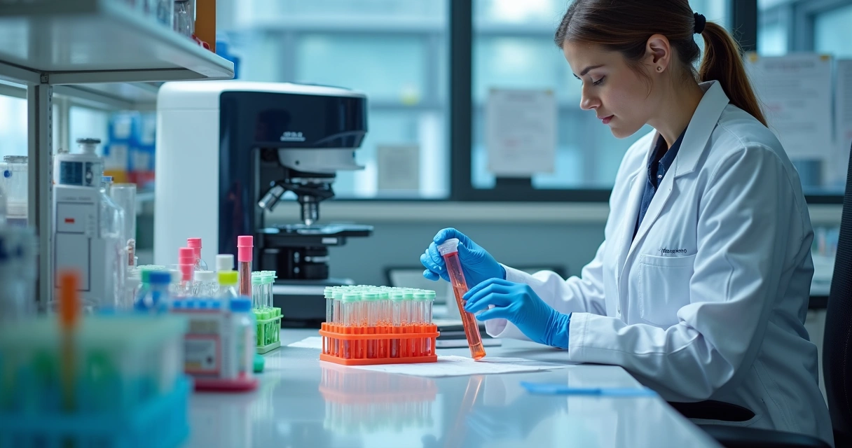 Mesa de laboratório com vários tubos de ensaio coloridos, lâminas microscópicas, equipamento de análise e profissional manuseando amostras 