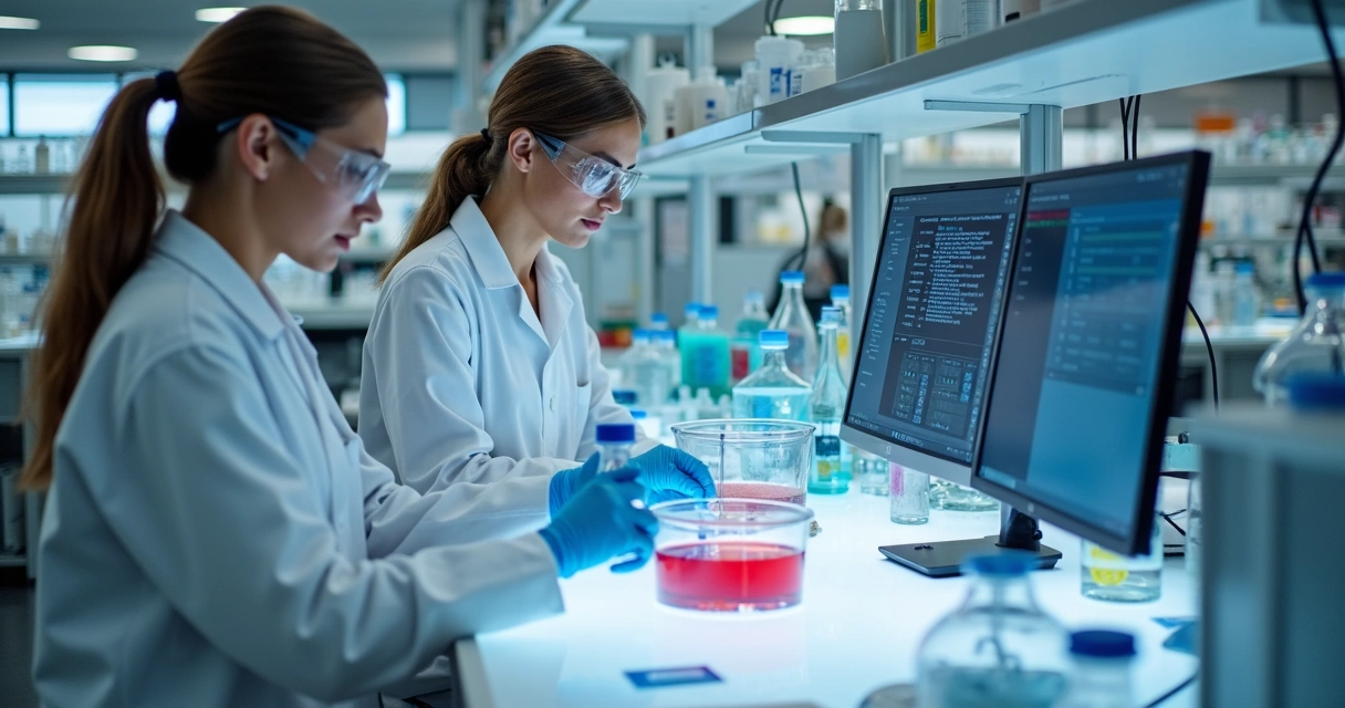 Técnicos realizando análises químicas em laboratório ocupacional 