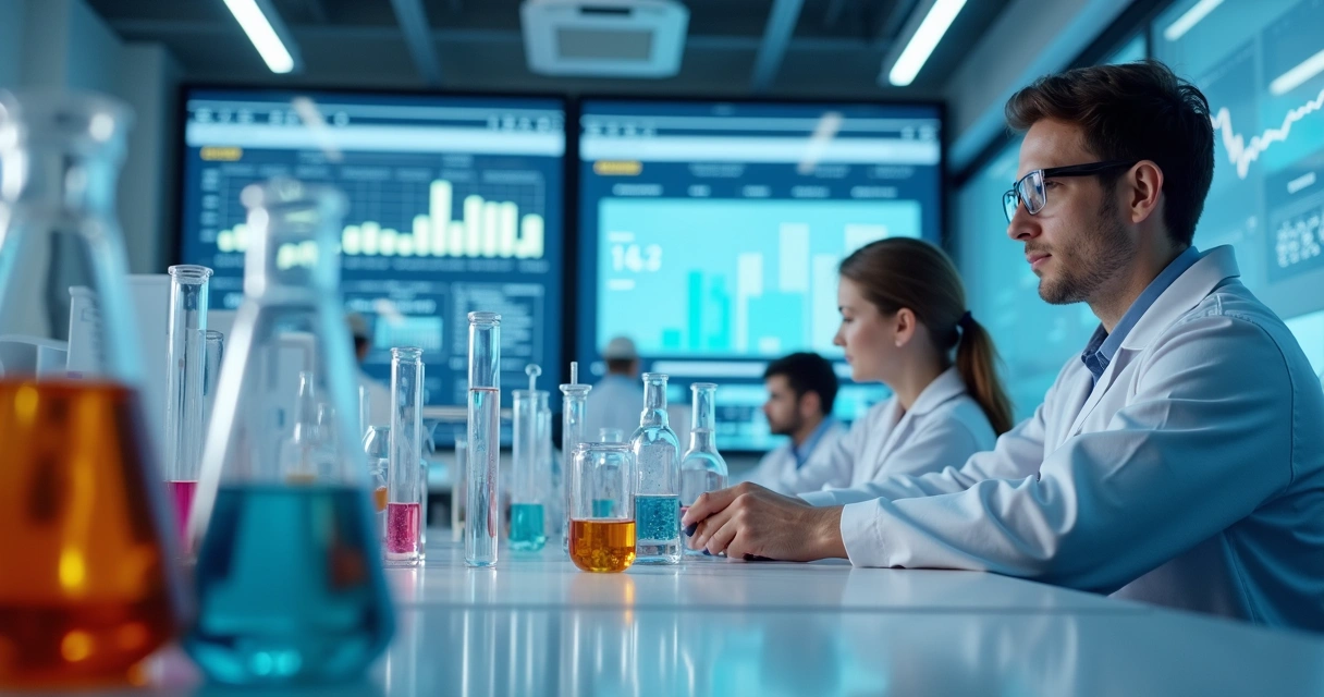 Ambiente de laboratório com tubos de ensaio e computadores ao fundo 
