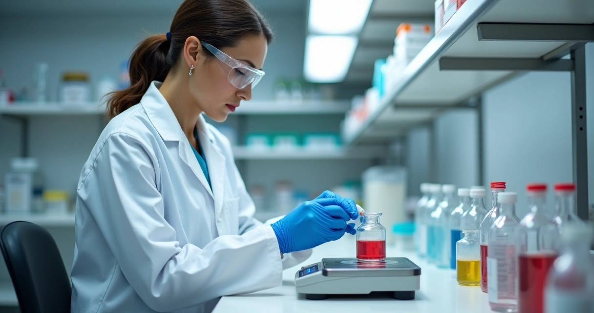 Farmacêutico com jaleco analisando substâncias em laboratório de manipulação