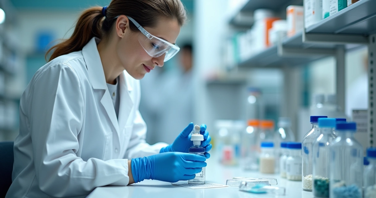 Farmacêutico preparando medicamento em laboratório de manipulação