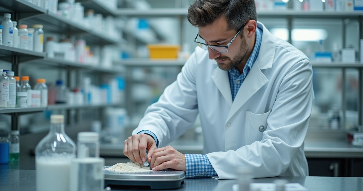 Farmacêutico preparando substância em laboratório de manipulação 