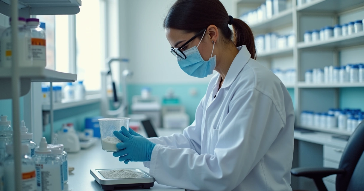 Farmacêutica preparando medicamento manipulado em laboratório.
