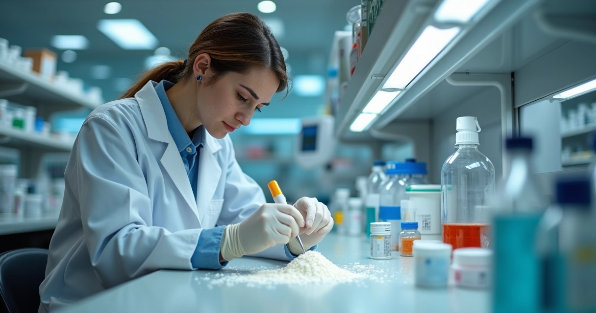 Laboratório de farmácia de manipulação com farmacêutico trabalhando