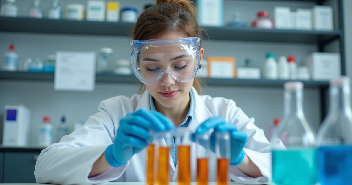 Farmacêutica analisando tubos de ensaio em laboratório 
