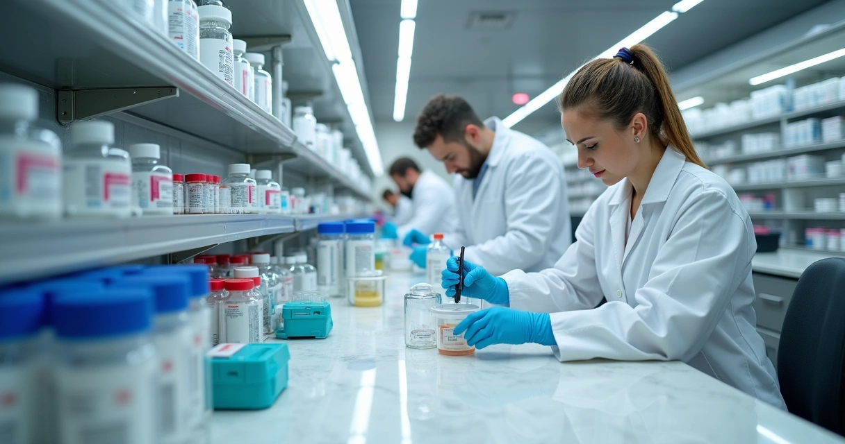 Laboratório de farmácia com equipamentos modernos em uso