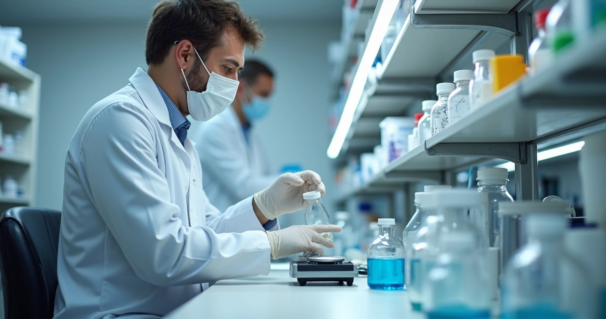Laboratório de farmácia de manipulação com farmacêutico preparando medicamentos personalizados 