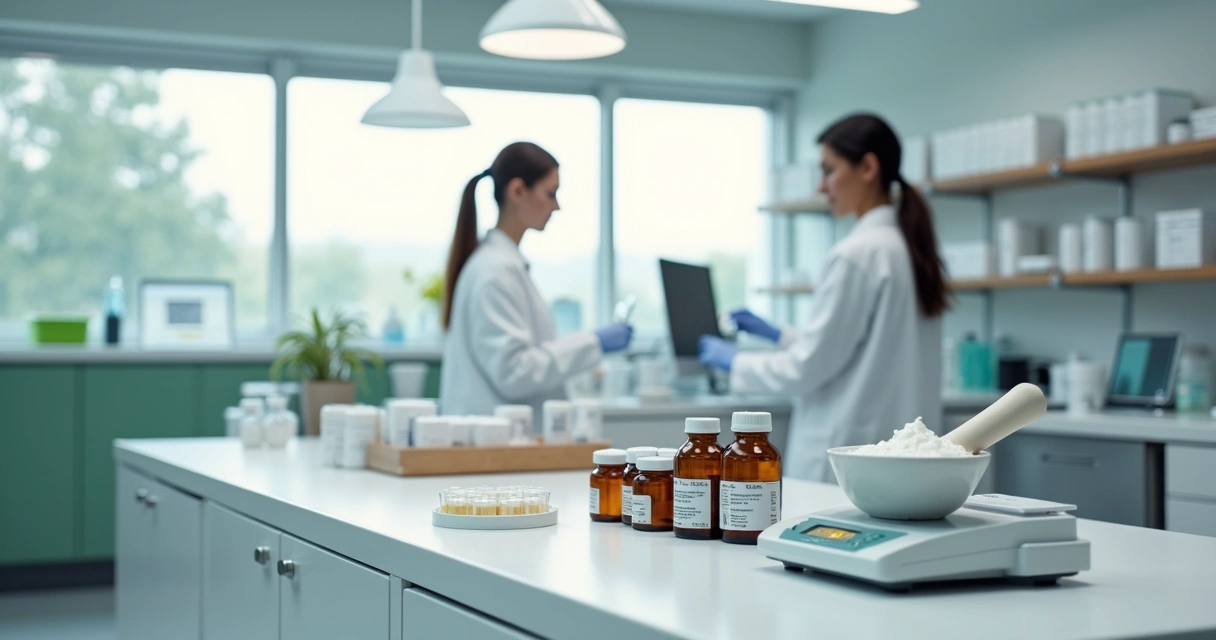 Bancada de laboratório com fórmulas manipuladas e equipamentos farmacêuticos modernos 