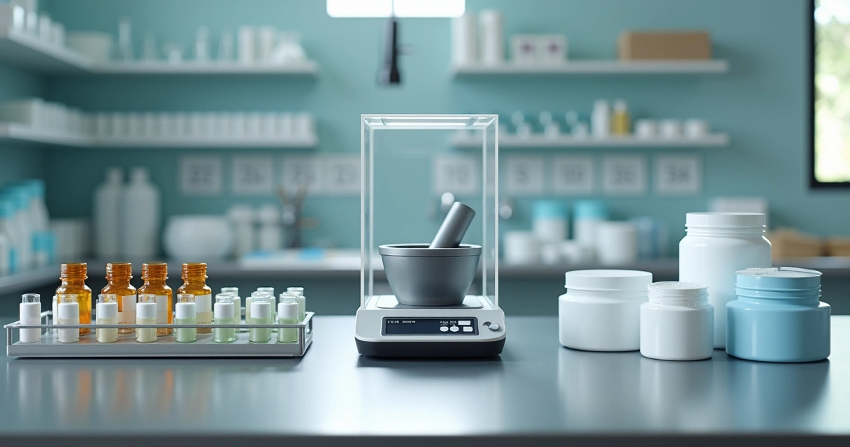 Bancada de laboratório de farmácia de manipulação com cápsulas e cremes personalizados 