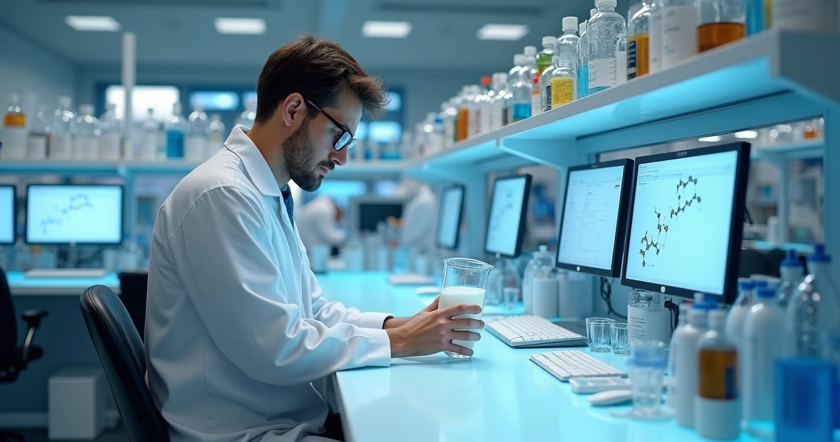 Farmacêutico analisando ativos modernos em laboratório