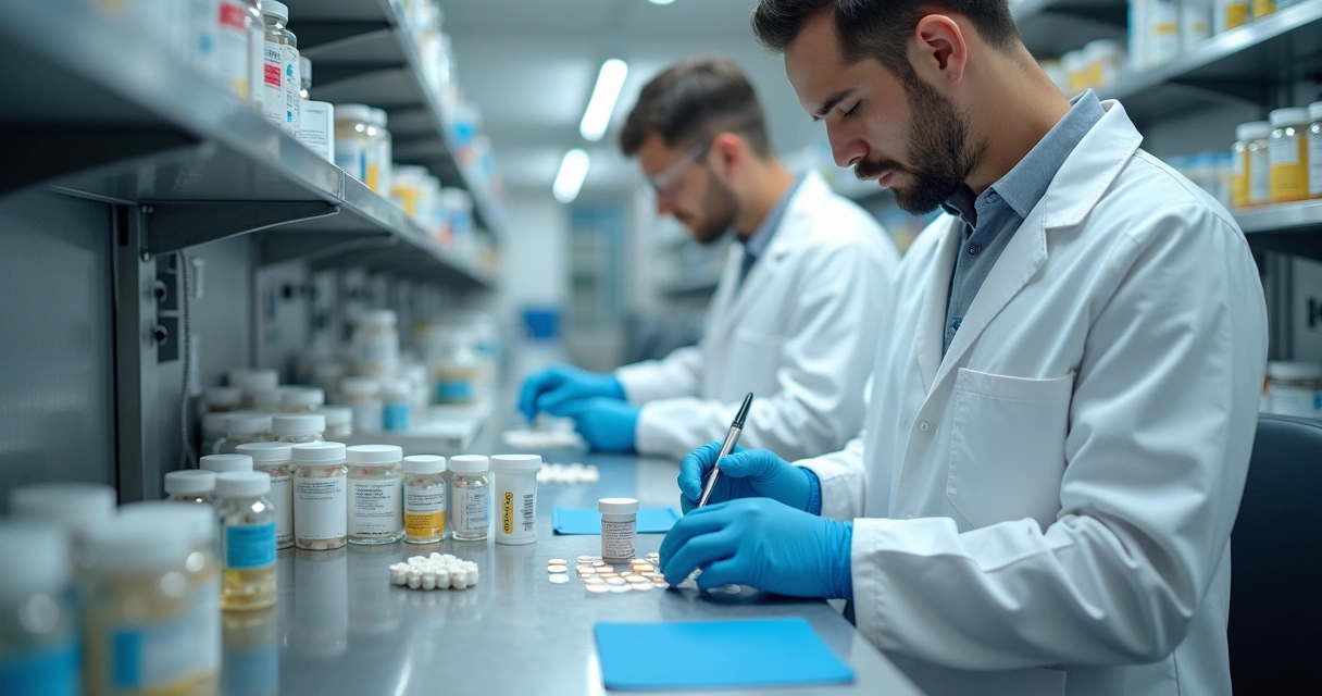 Farmacêuticos em laboratório manipulando medicamentos de modo seguro 