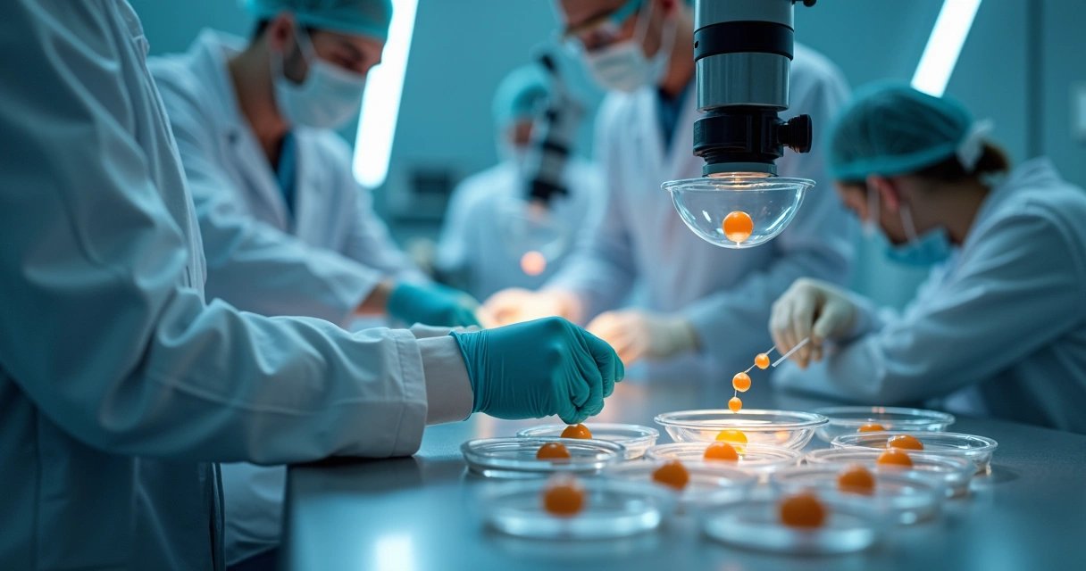 Equipe médica em laboratório realizando procedimento de fertilização in vitro 