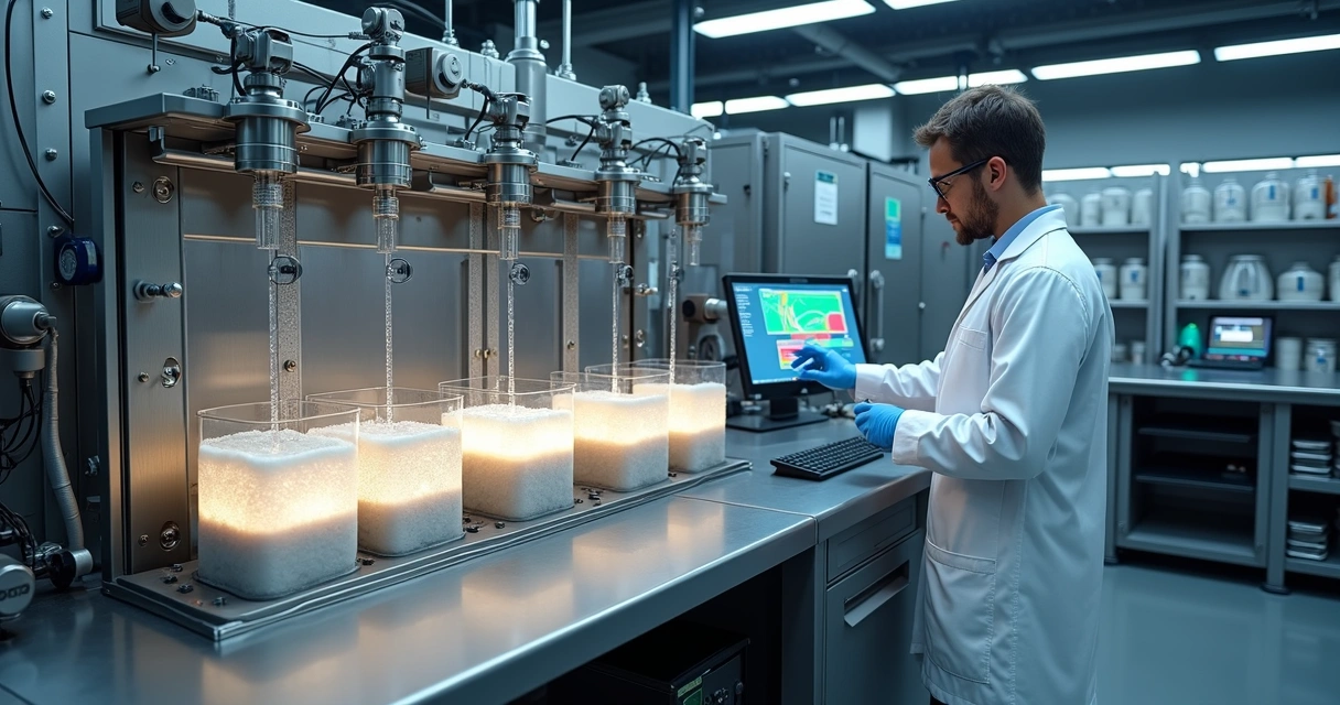 Engenheiro ajustando célula automatizada de flotação em laboratório de mineração 