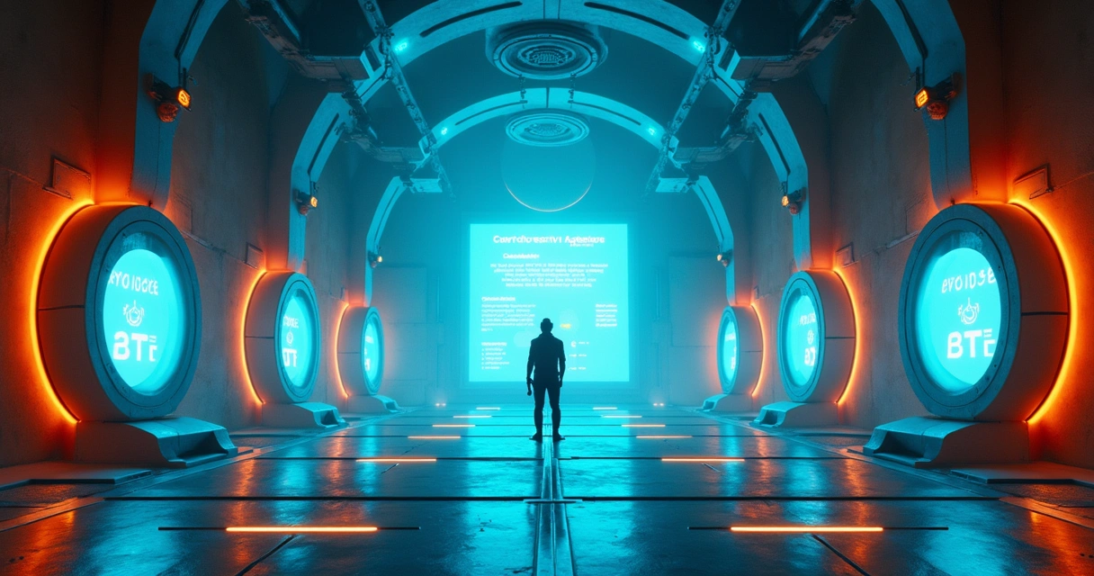 Laboratório futurista do jogo Portal 2, com portais, jogador e a inteligência artificial GLaDOS na tela.