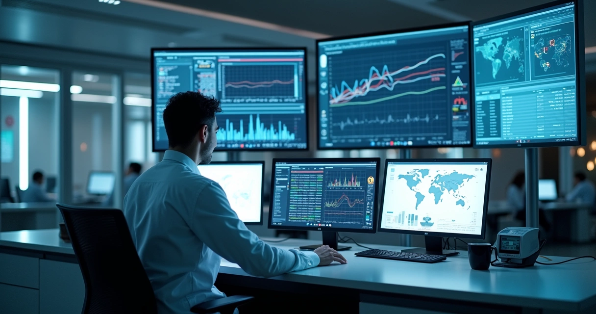 Cientista em laboratório mexendo em console e monitores com gráficos, simulando dados sintéticos 