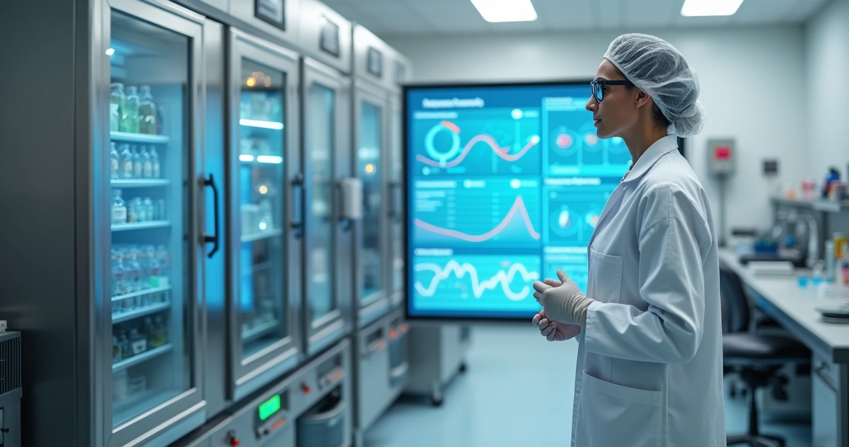 Técnica em laboratório GMP observando painel de monitoramento contínuo com gráficos de temperatura 